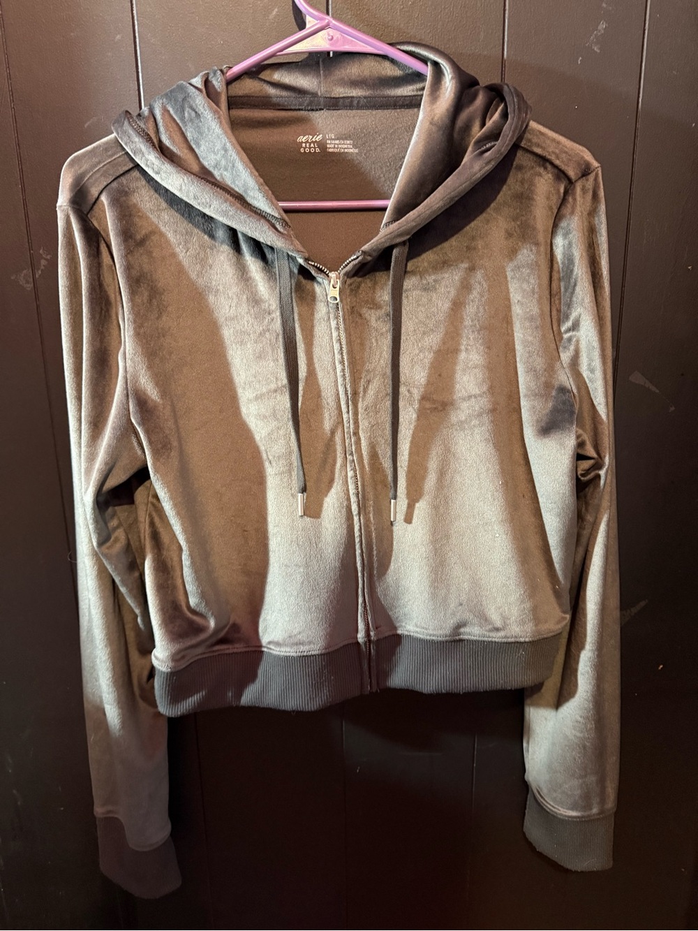 aerie Gray Velvet Zip Hoodie Jacket